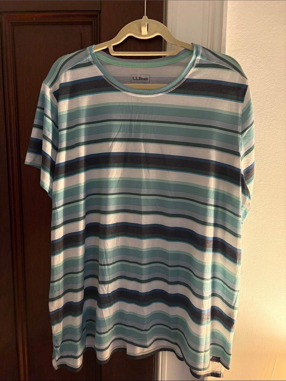 L.L. Bean women’s Blue & White Striped Short-Sleeve SPF Shirt
